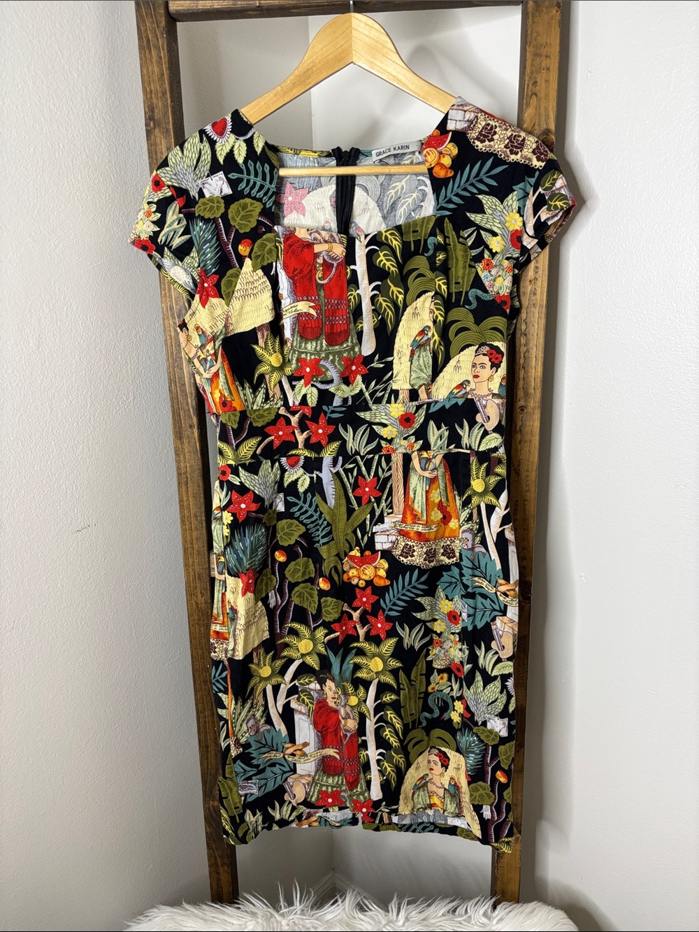 Grace Karin Black Frida Kahlo Floral Print Mini Dress Tropical Motif Size L